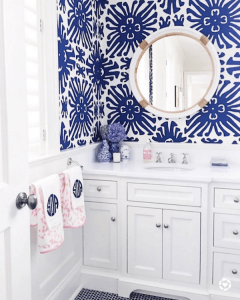 Quadrille blue & white bathroom wallpaper