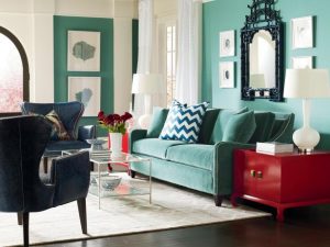 red side tables jazz up turquoise interior