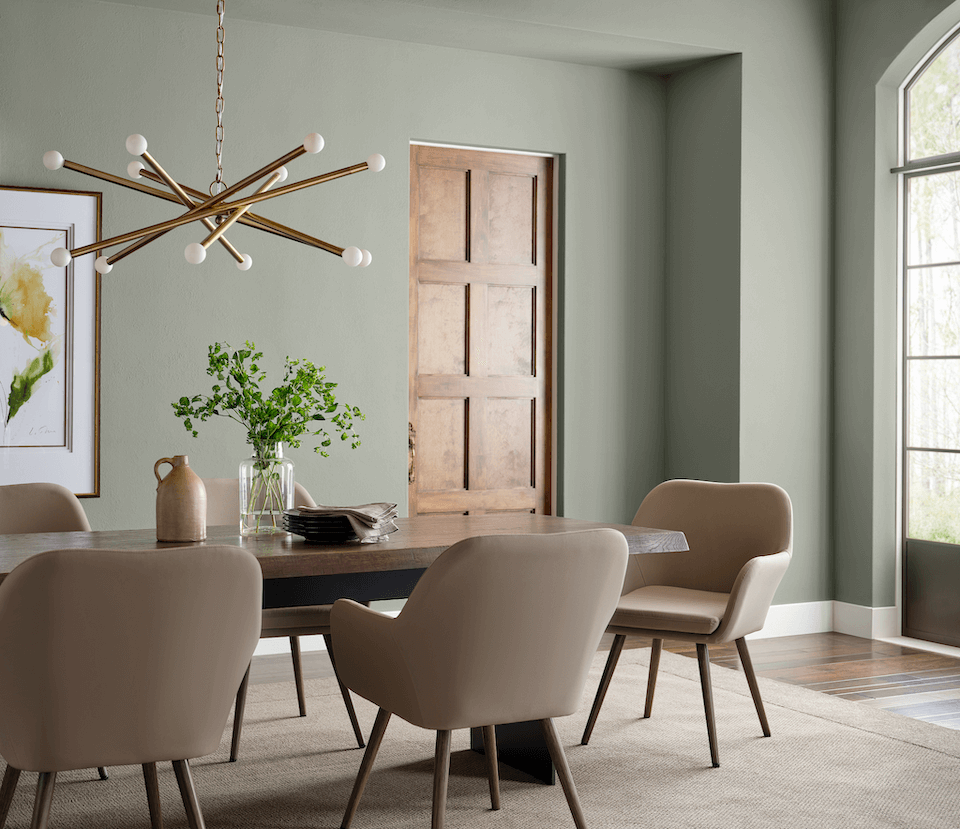 The familiar, comfortable nature of Evergreen Fog shines as a reassuring backdrop and freshens up any space