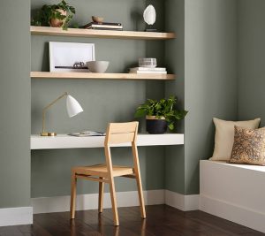 This Evergreen Fog is a calming color for your home office – or your business location.