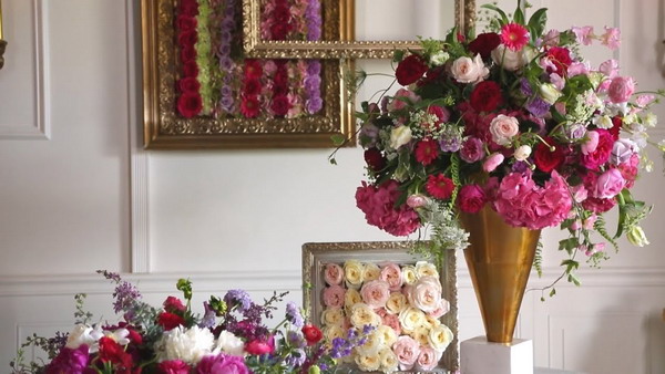 "analog" or related shades: for example, pink hydrangeas along with purple carnations, coral peonies, and fuchsia bush roses.