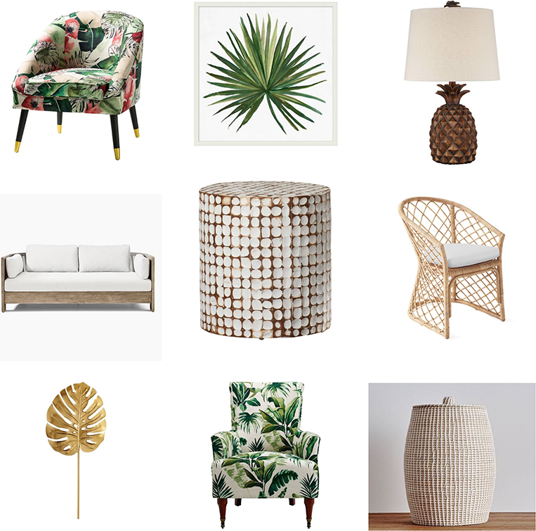 Tropical style furnishings and accessories.