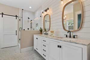 Shiplap carried through into the bathroom.