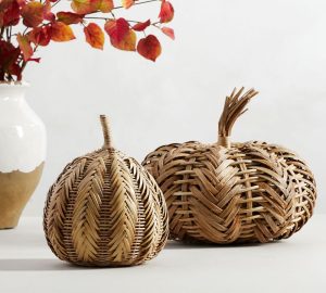 Rattan and woven gourds and pumpkins are big this fall.