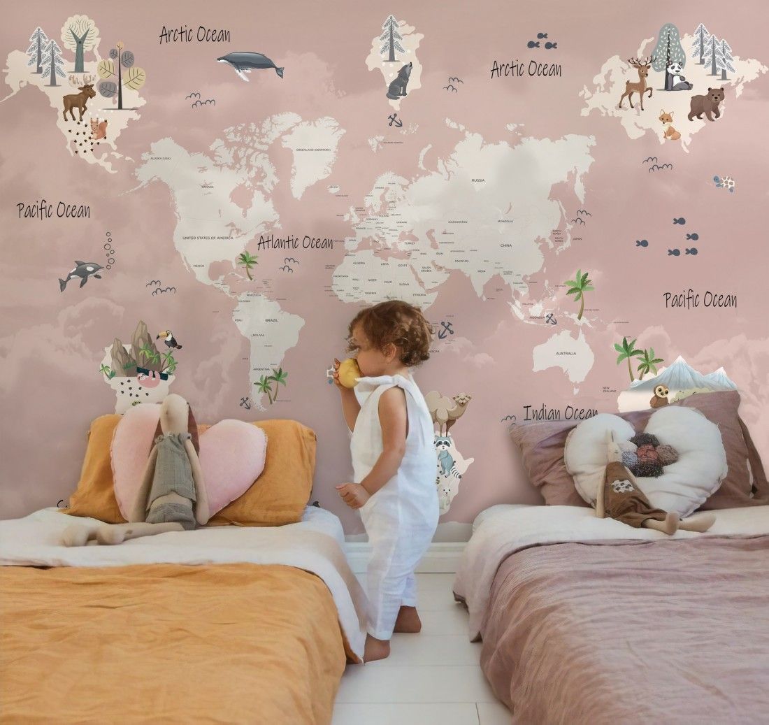 Large world maps make great wall art because they’re timeless, useful, and often come in versatile hues.
