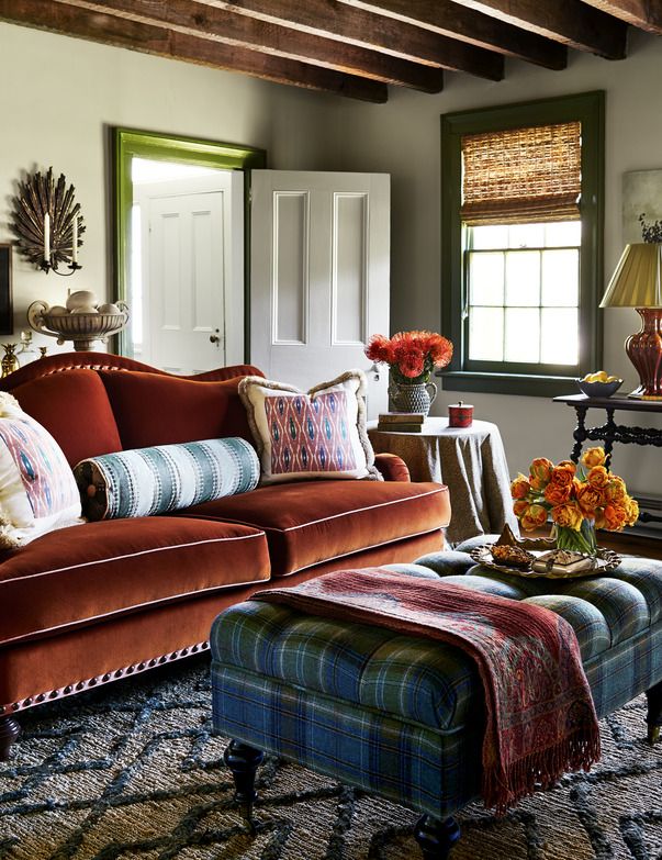Fall interior color palettes: amber, apple green, and royal blue.