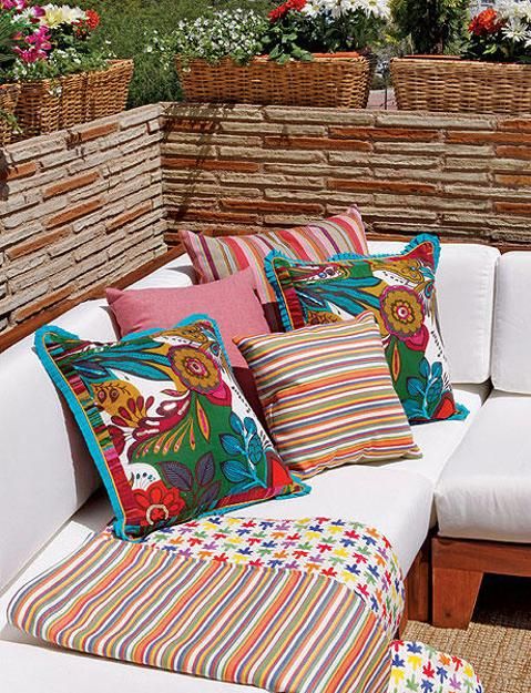 Bold and brightly-colored choices for cushions, pillows, rugs, and accessories.