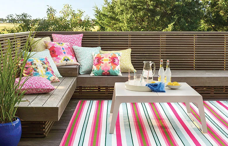 Bold, brightly-colored patterns, stripes and geometrics for cushions, pillows, rugs, and accessories.