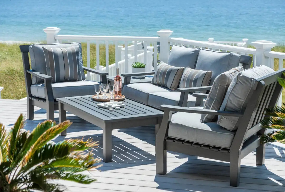 Marine-grade polymer material, known for its strength and durability. is an example of a more sustainable approach to outdoor furniture materials.