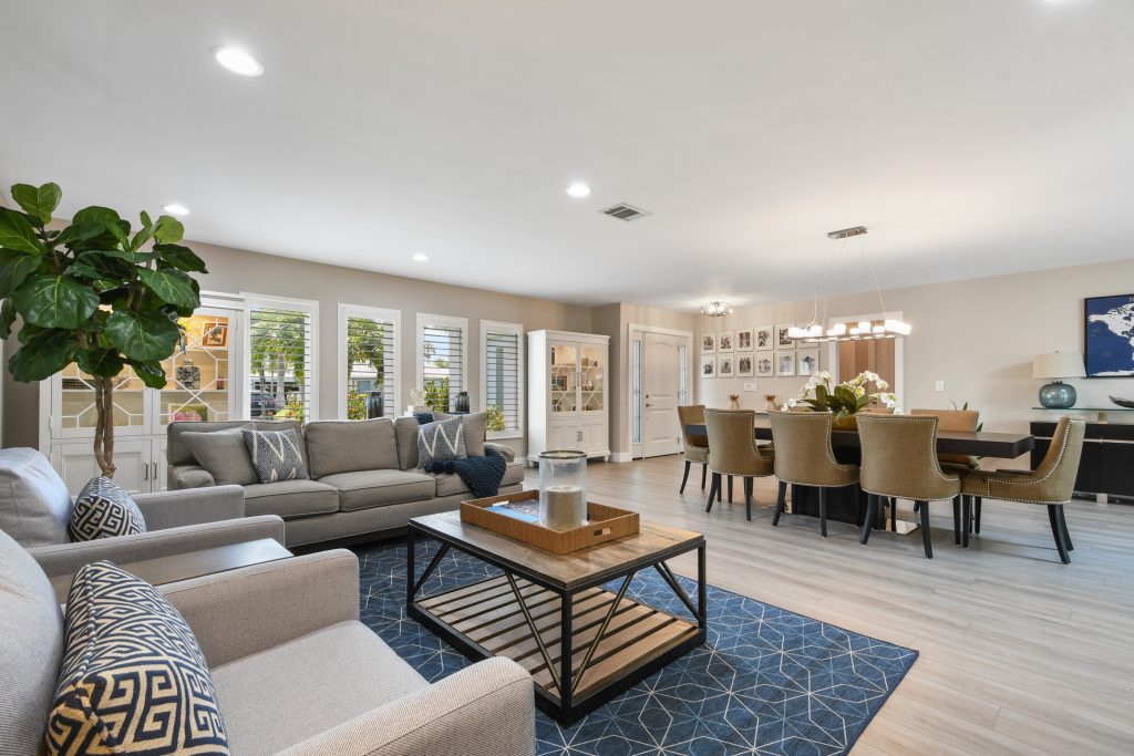 The open-concept living and dining areas.