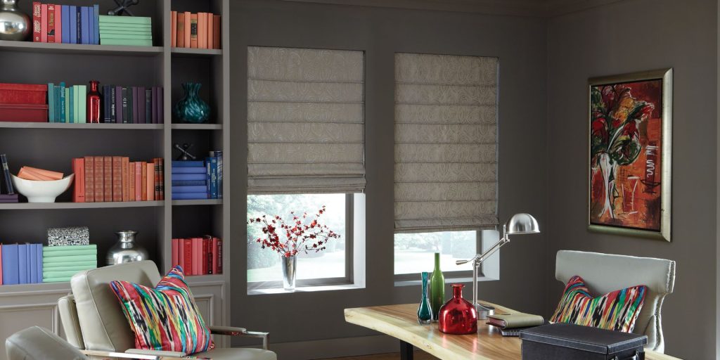 Use Roman shades to create a balanced home office.