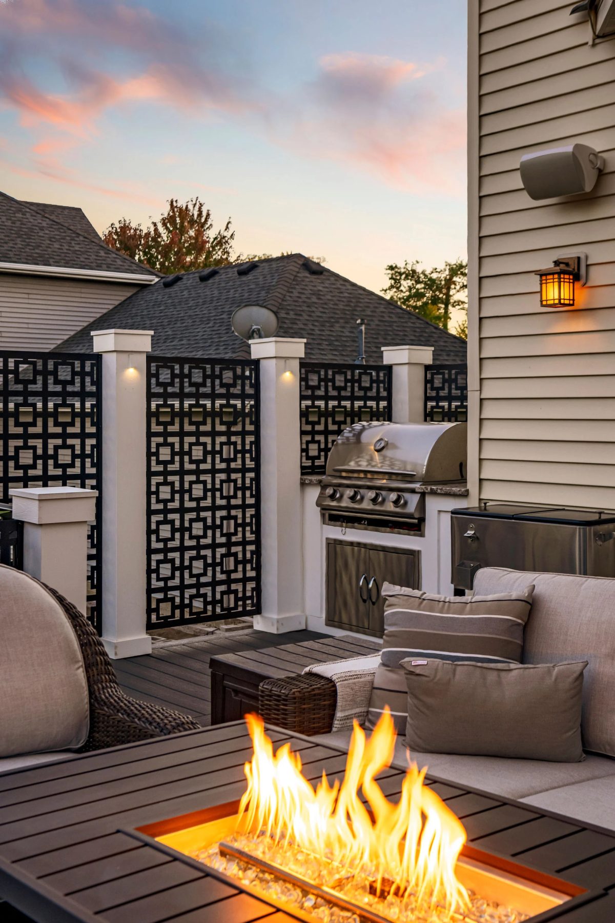 Hideaway screens offer the privacy to create intimate outdoor patio spaces.