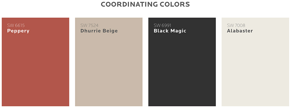 These colors coordinate well with Sherwin-Williams' tropical Kale Green (SW 6460) paint color.