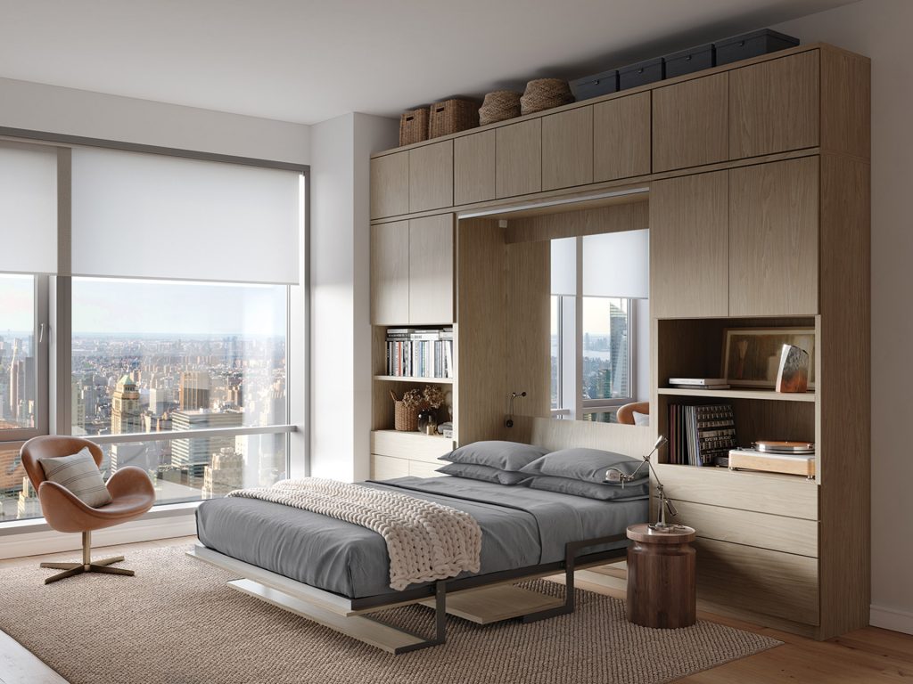 A Murphy bed integrated with designer cabinetry.