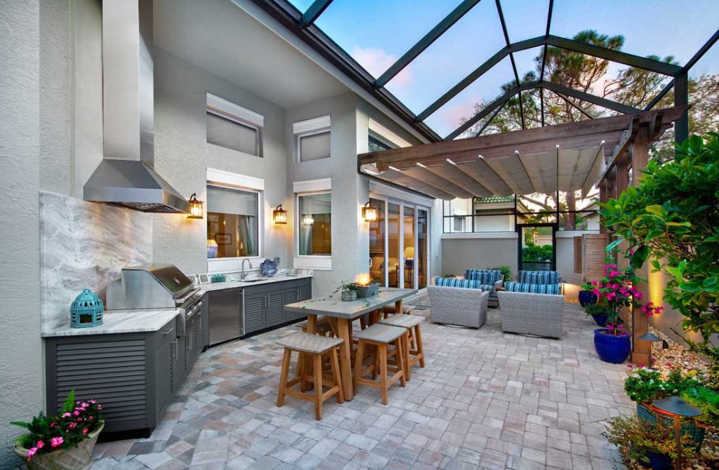 Outdoor living can include an outdoor kitchen.