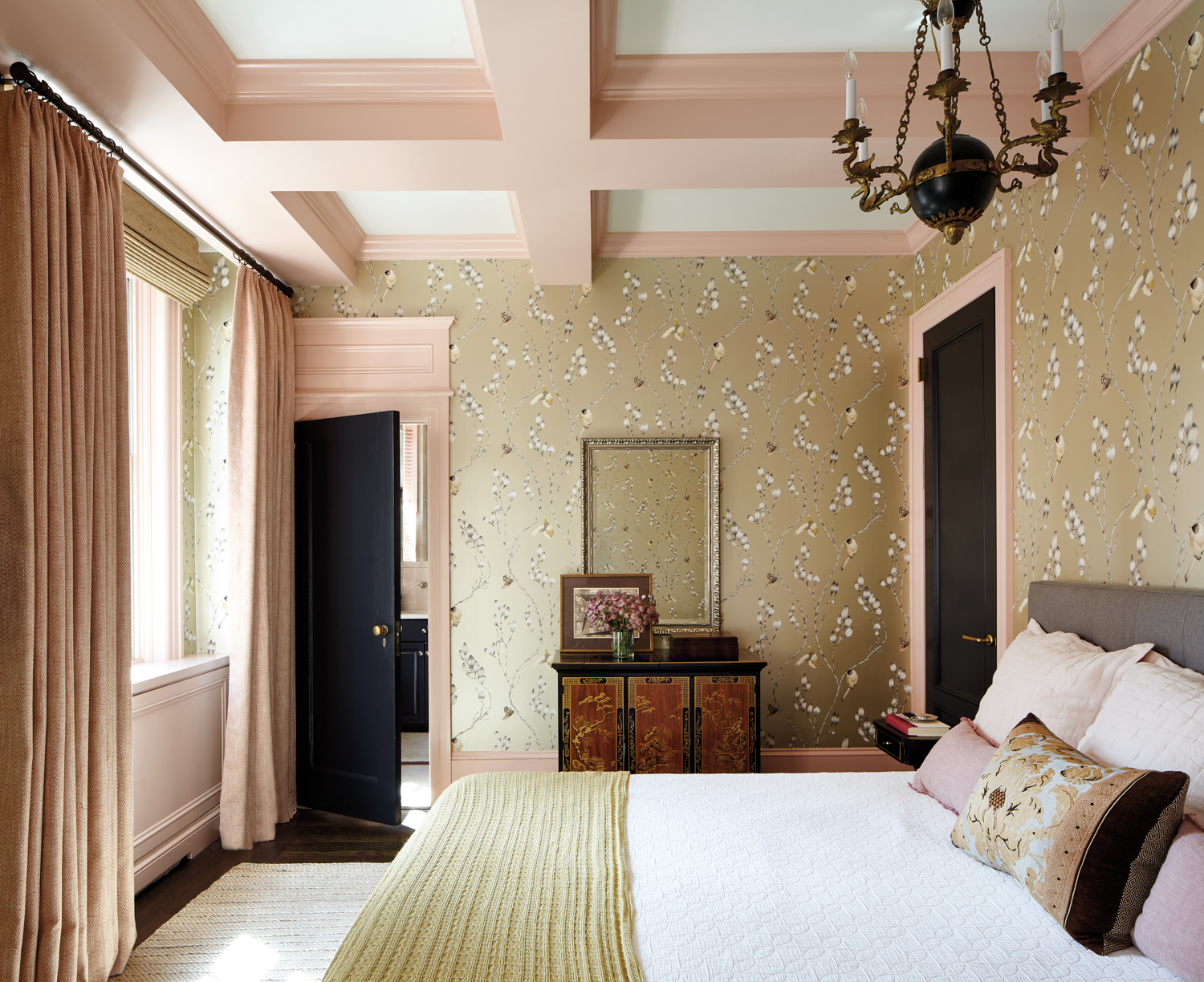 The gentle blush of ceiling molding and trim in Peach Fuzz, the Pantone 2024 Color of the Year.
