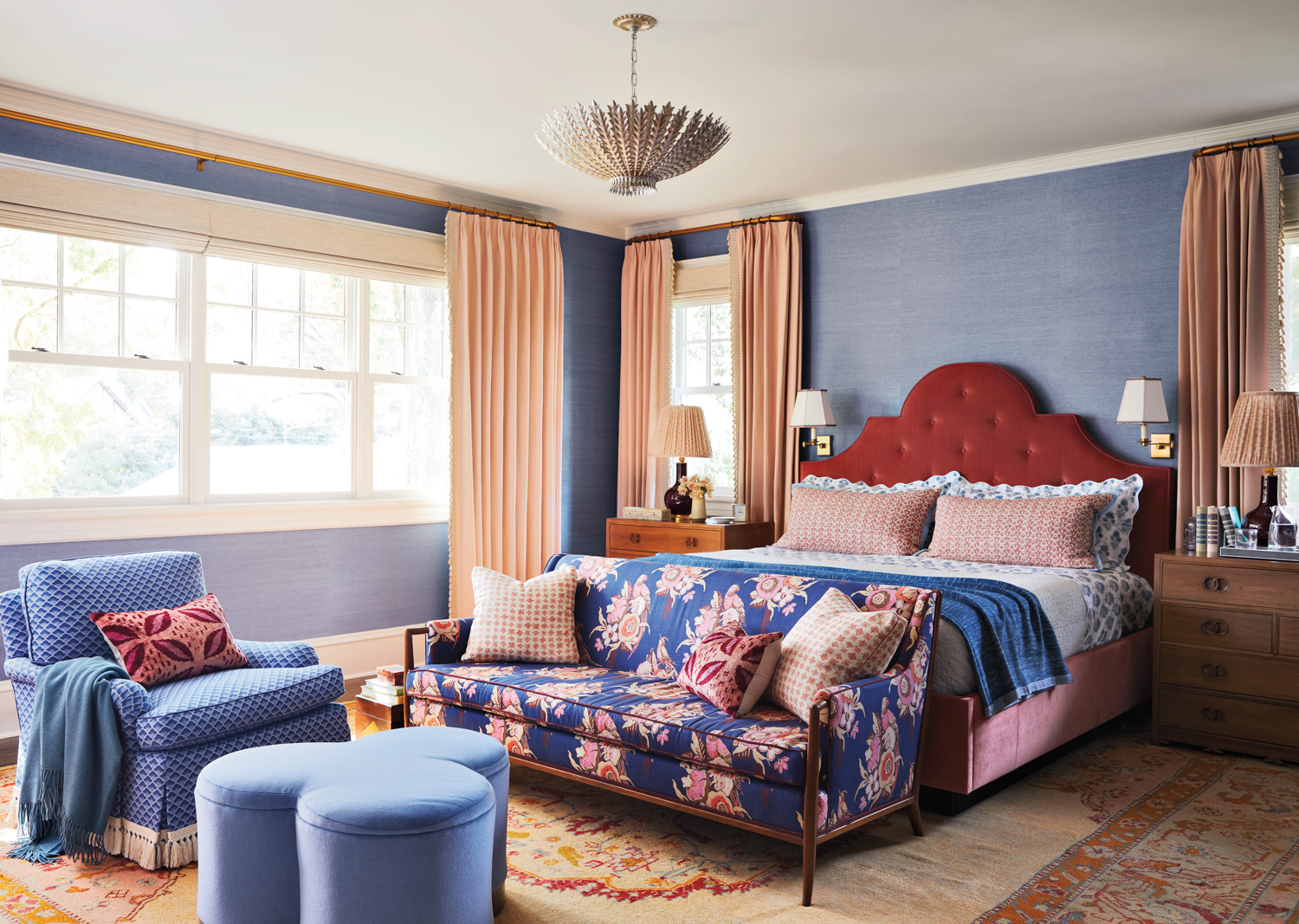 Bedroom draperies in Peach Fuzz, the Pantone 2024 Color of the Year.