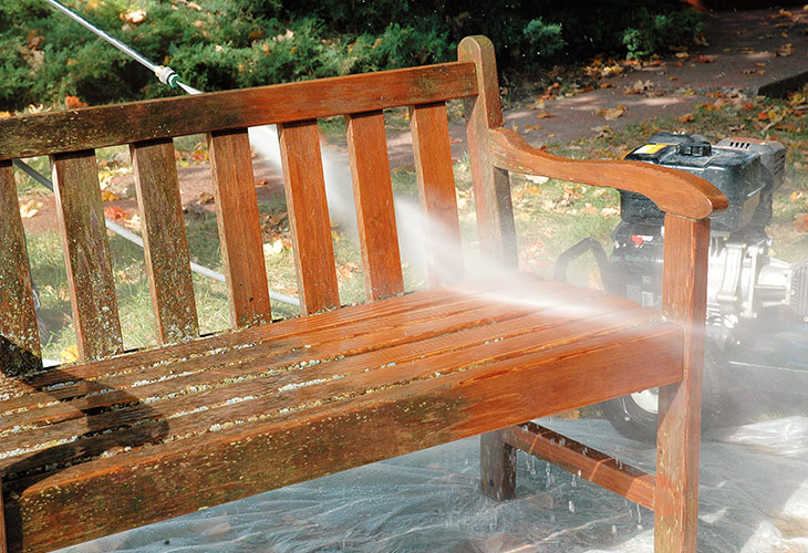 wooden-garden-bench-power-wash If the woods start to turn gray and muted, give them a facelift with a fresh coat of teak cleaner.