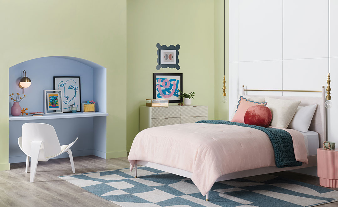 Honeydew brings a comforting retro vibe to the bedroom walls.