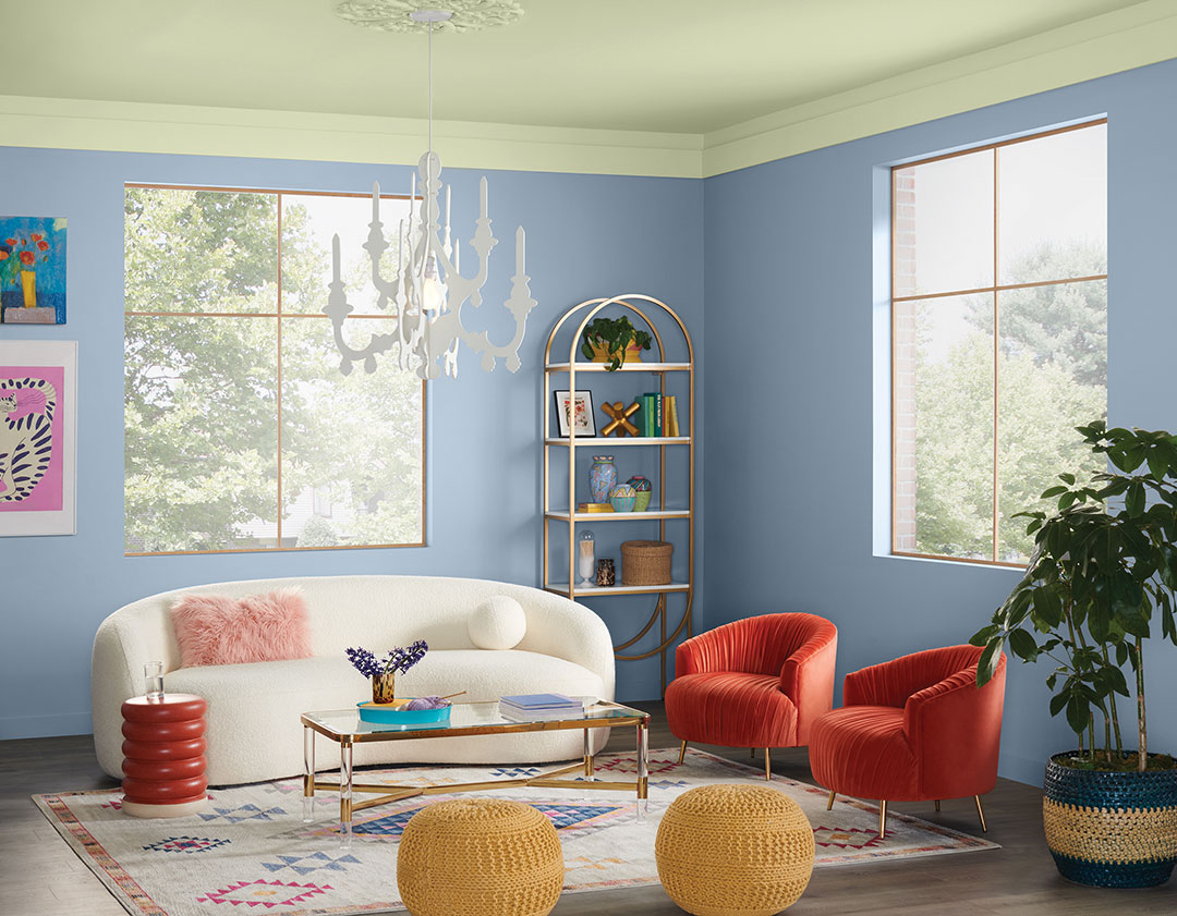 Honeydew is a beautiful ceiling accent color in the living room.