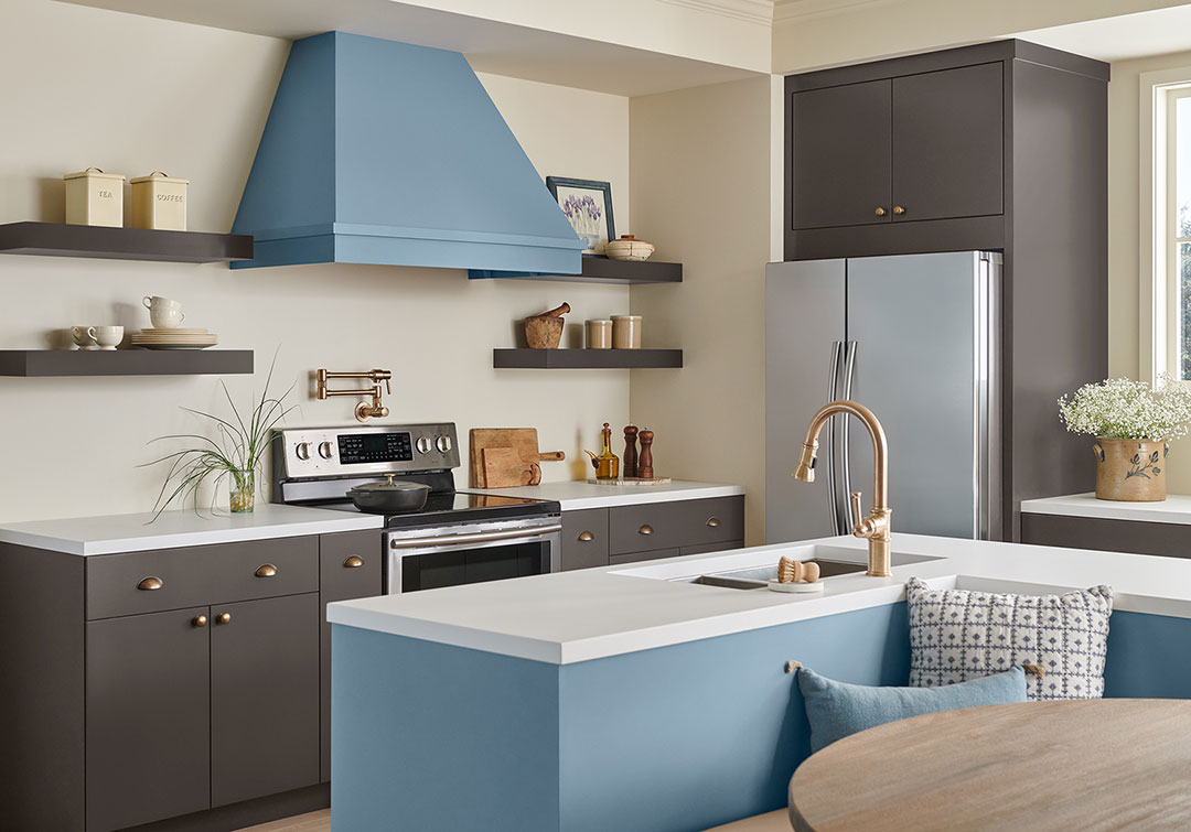 Sherwin-Williams' Smokey Azurite brings kitchen comfort with a relaxing vibe.
