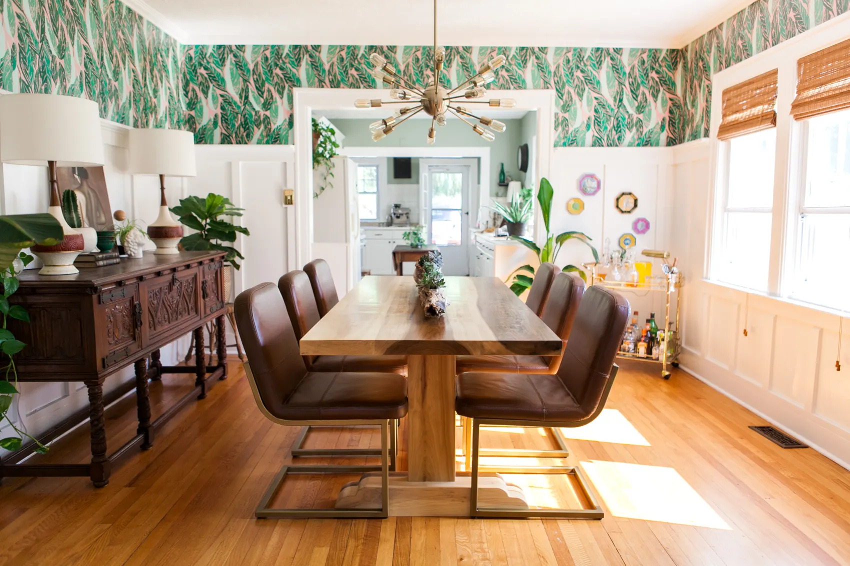 Professionally applied wallpaper as an accent in the dining room.