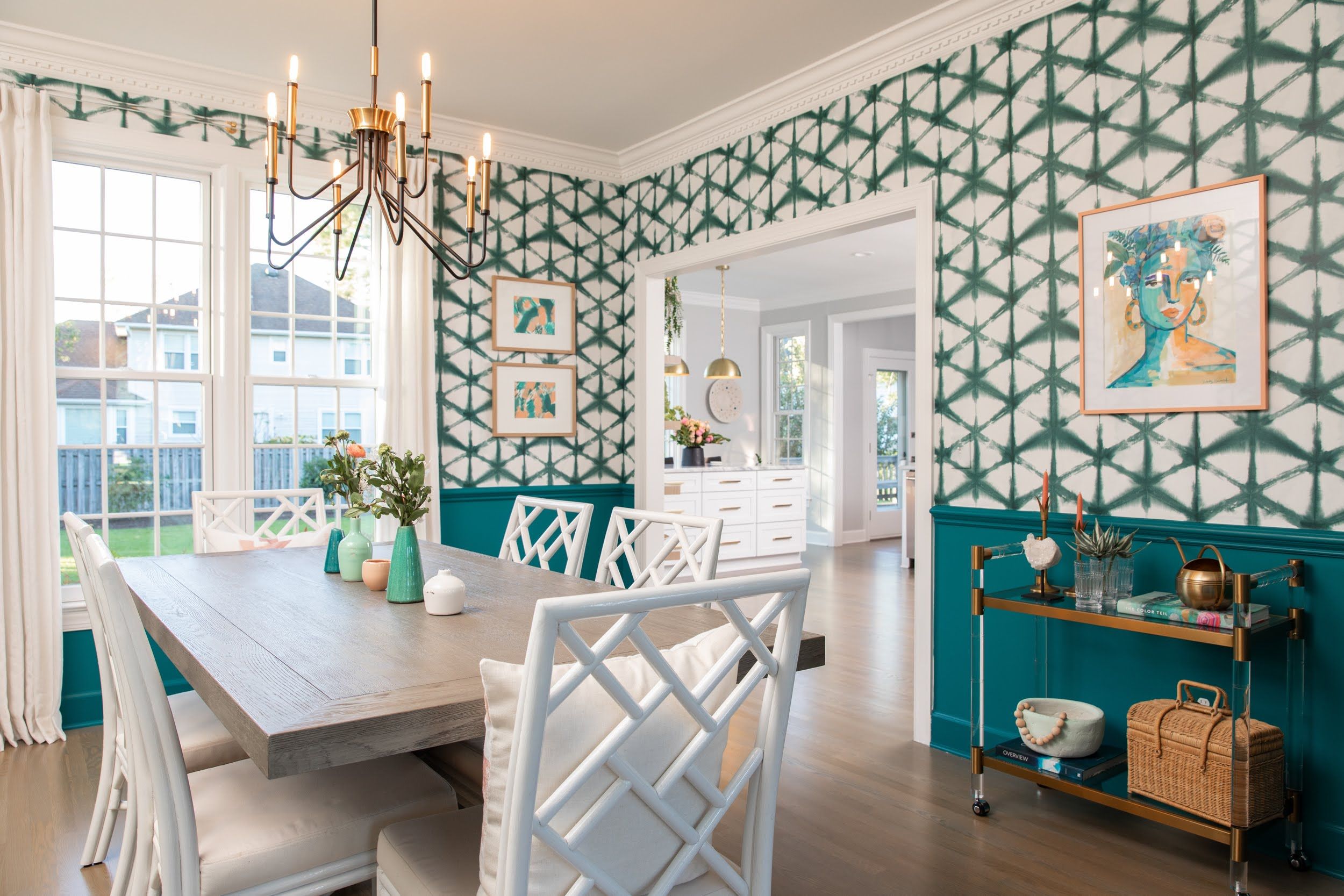 A bolder use of wallpaper that still is contemporary and typically desirable.