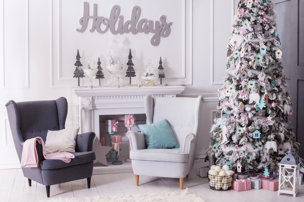 Decorated Christmas room with beautiful fir tree. whimsical pastels