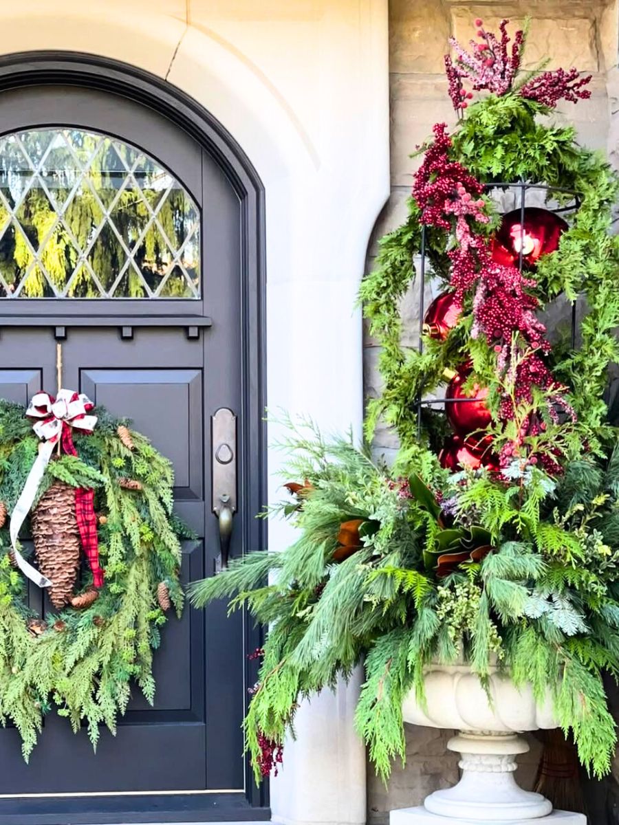 Holiday greenery front door